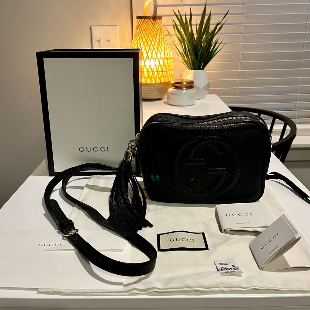 Gucci Disco Crossbody Bag Black Leather With Box Tags Ribbon Papers Receipt